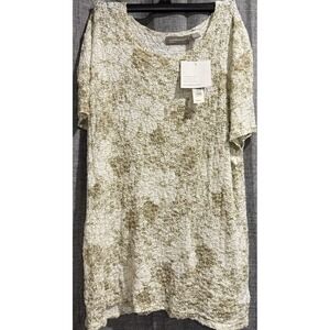 Croft & Barrow Cream/Green Floral Stretch Short Sleeve Top Misses Large NWT